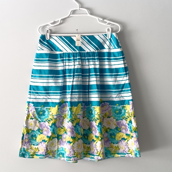 NEW Talbots 100% Cotton A-Line Skirt Floral Stripes Teal White